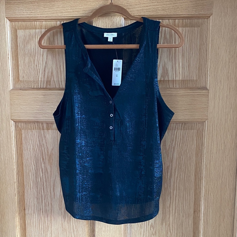 Anthropologie Shimmering Black and Blue Sleeveless Henley by Pilcro